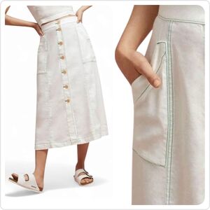 Anthropologie NWT White Pencil Midi Skirt with Green Stitching